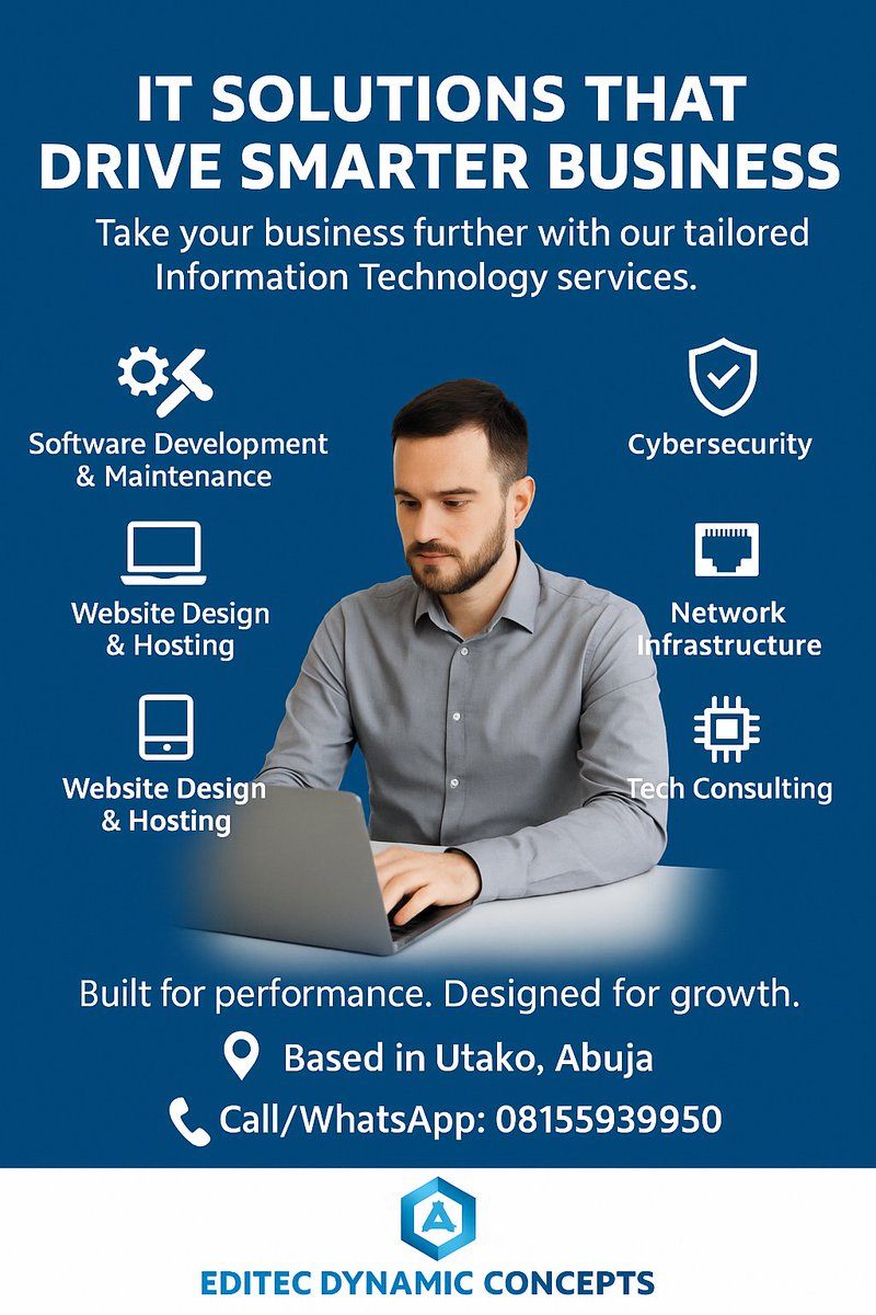 Pearl_2720's tweet photo. 💻 Need smarter IT solutions?
At EditecDynamic Concepts, we deliver:
✅ Software &amp; App Dev
✅ Cybersecurity
✅ Network Setup
✅ Web Hosting
Tailored tech that scales with your business.
📞 Call/WhatsApp:08155939950
#ITSolutions #EditecDynamicConcepts #Cybersecurity #SoftwareDev https://t.co/vadwIOjpR8