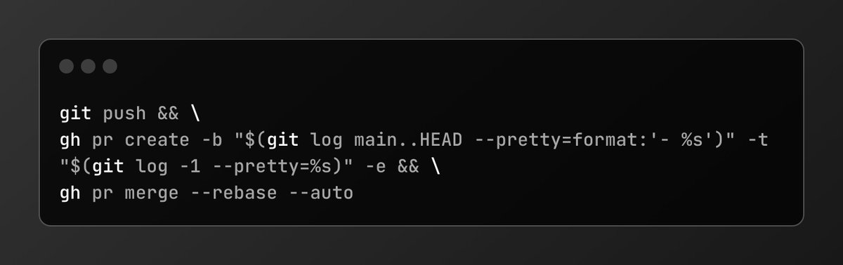Here is the magic command I always keep in my <a href="/atuinsh/">Atuin</a> history 👉 all-in-one to push, open a PR and auto-merge it when checks pass.

Probably saves me hours per week.