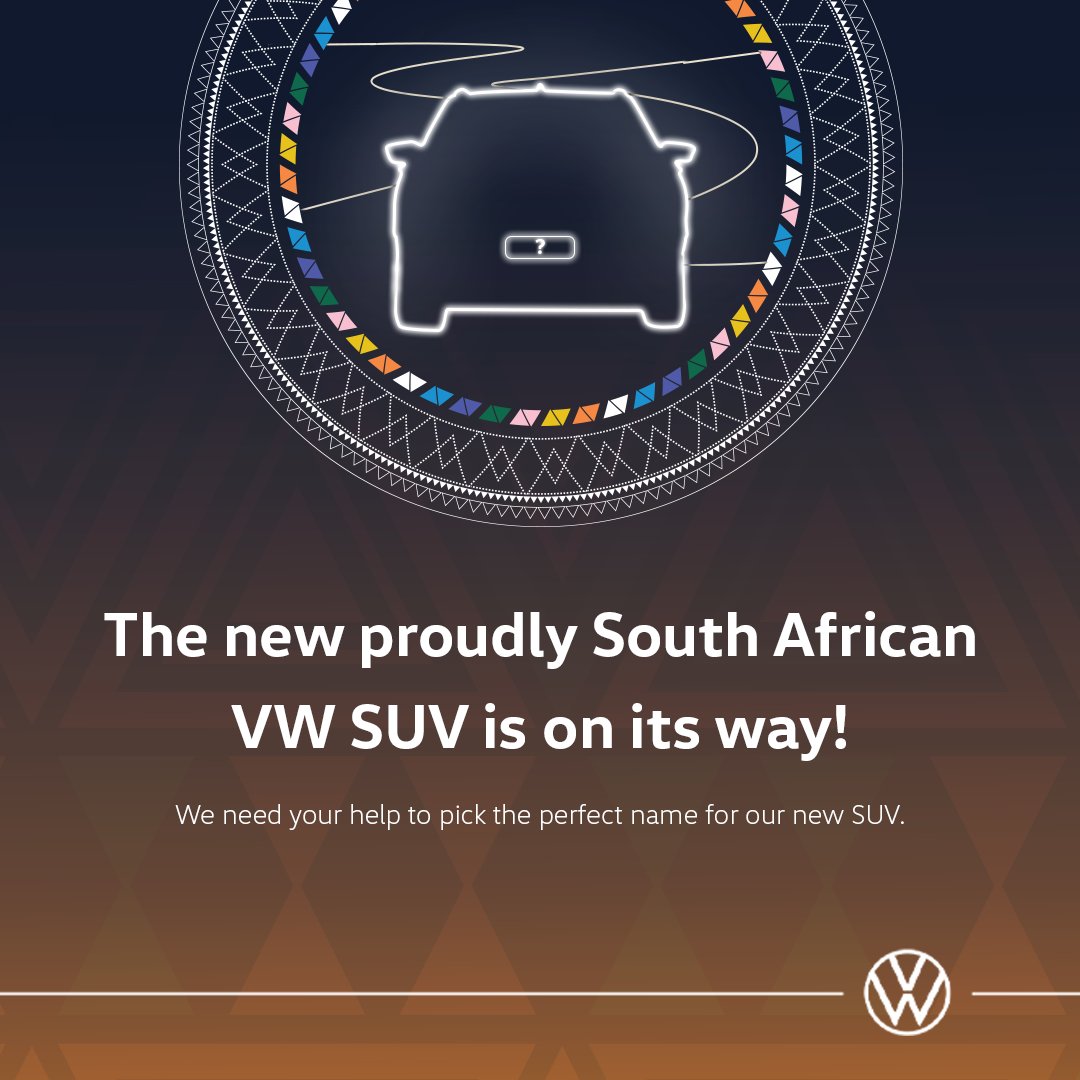 The new proudly South African VW SUV is on its way!
Soon we will need your help to decide what we should call it. A new car that will drive a legacy – made in South Africa but the name chosen by you. 
Stay tuned.

#Volkswagen #MadeInSA #NewVWSuv