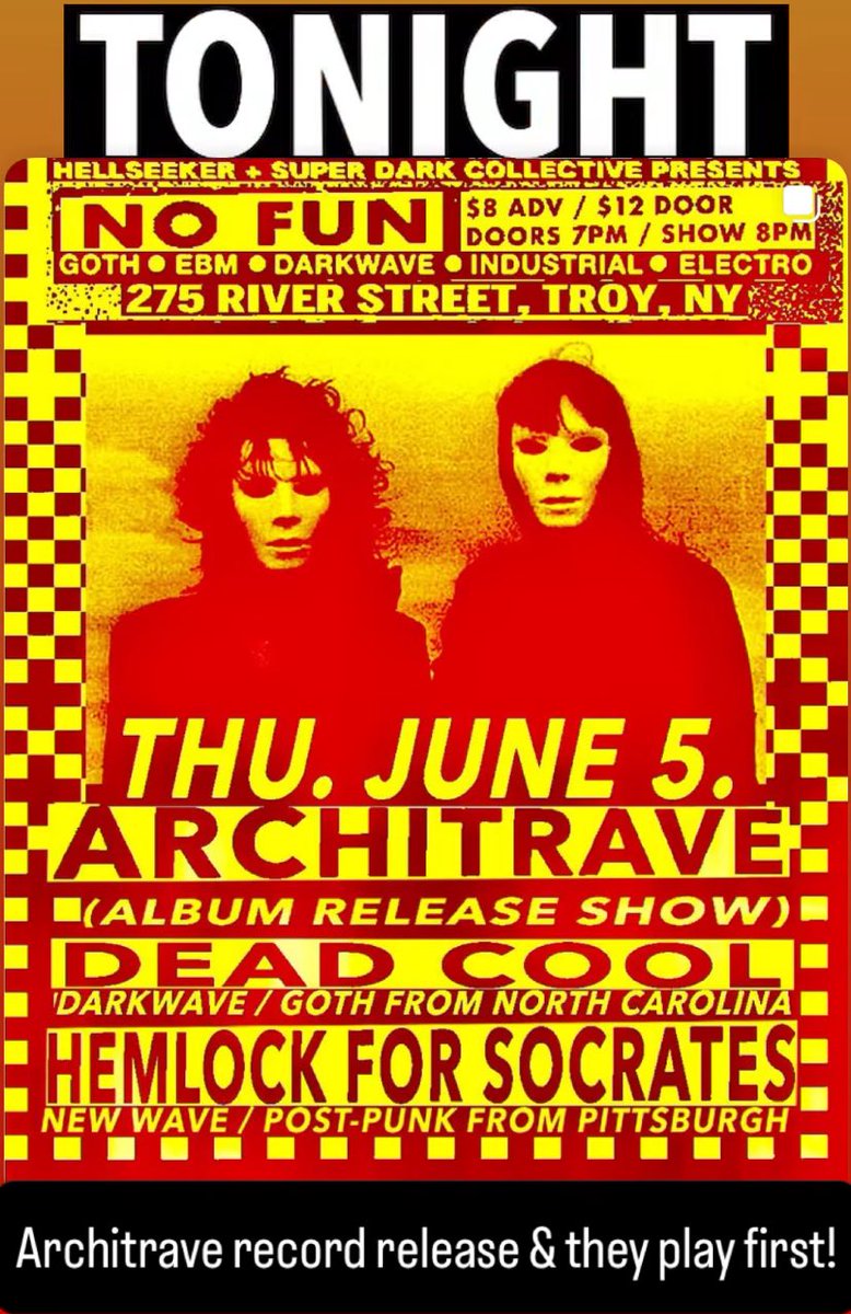 Tonight at <a href="/nofuntroy/">nofuntroy</a> Hellseeker and Super Dark presents <a href="/ArchitraveBand/">𝖠𝖱𝖢𝖧𝕀𝖳𝖱𝖠𝖵𝖤</a> record release with Dead Cool and Hemlock for Socrates! Gunna be lit! 8pm!