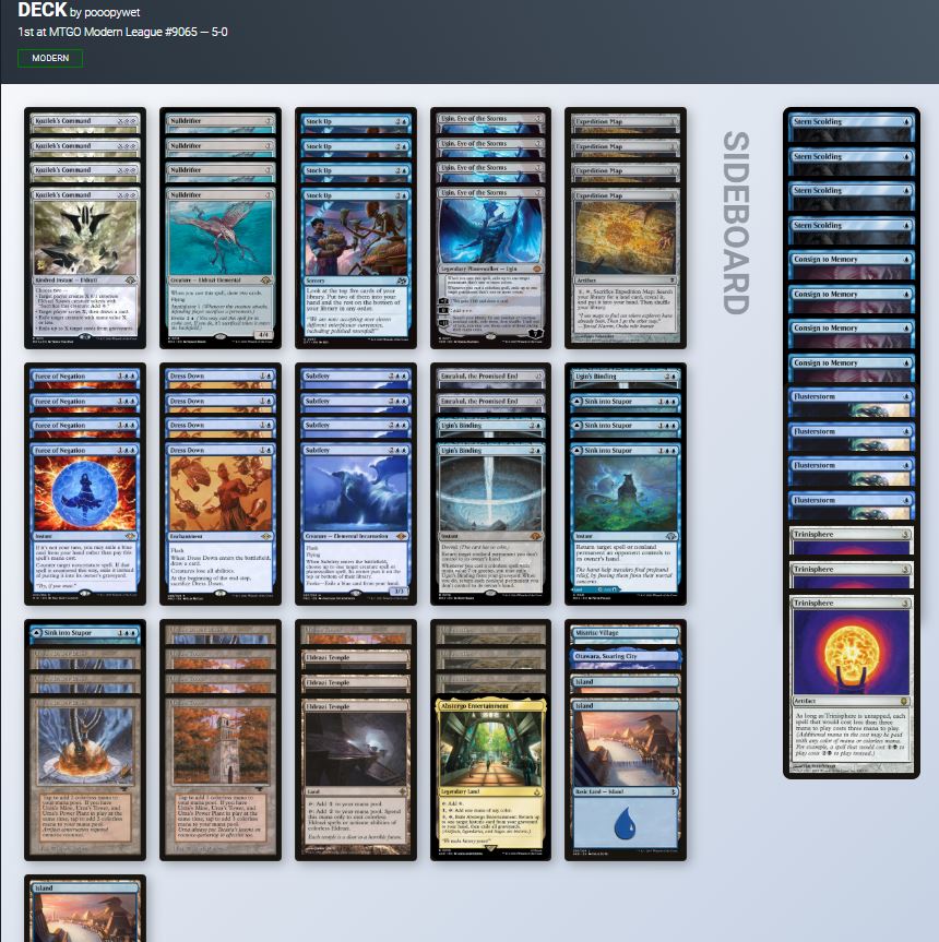 SquirrelCageMTG's tweet photo. 🚨Modern Decklist Alert 🚨
U-Tron
This Modern deck has been around for a long time, but it may have finally broken out of the lower tiers of the format. It’s been putting up solid results lately, and recent variations seem to have refined the spell choices to a much more optimized list. One of the original weaknesses of U-Tron was its inconsistency—running lots of silver bullets gave the deck flexibility, but also led to awkward draws when those situational cards weren’t relevant. However, the addition of powerful new spells like Stock Up, Ugin, and Ugin’s Binding has made the deck stronger, more consistent, and more resilient than ever before. Long live U-Tron!

Sweet list!

@fireshoes
@MTGdecks
@DackFayden07