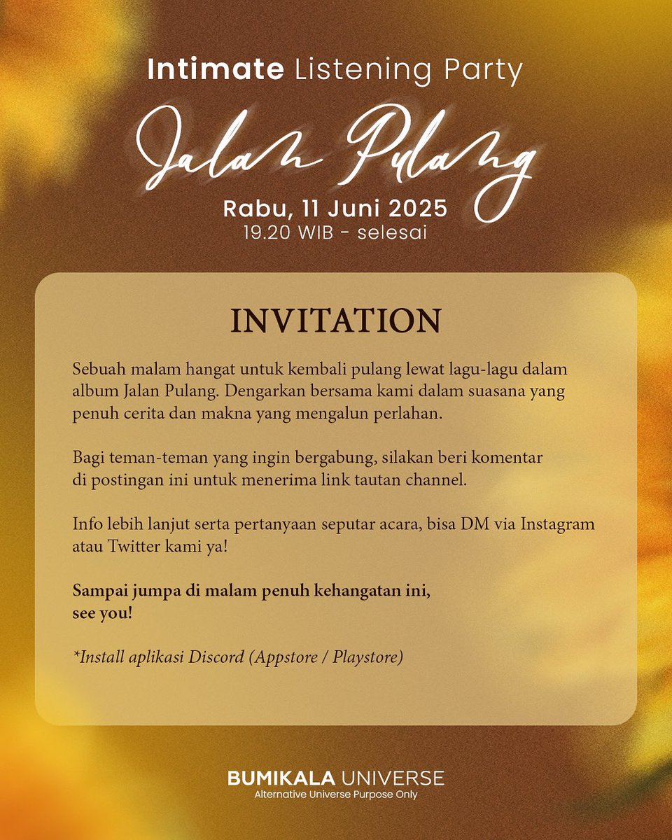 ✨ Intimate Listening Party ✨
Rabu, 11 Juni 2025 | 19.20 WIB - selesai

Sebuah malam hangat untuk kembali pulang lewat lagu-lagu penuh makna dari album Jalan Pulang. Dengarkan bersama kami, dalam suasana yang tenang, pelan, dan penuh cerita

Let the music guide you home✨
