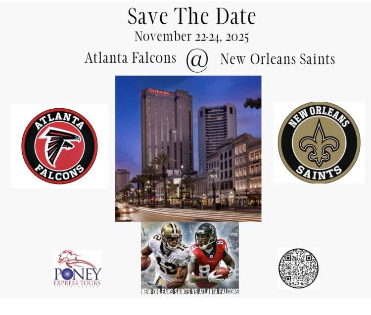 PoneyExpTours's tweet photo. Join is in #Nawlin this football season as we take on The #NewOrlransSaints #bustrip #poneyexpresstours #RiseUp #FalconFans https://t.co/szwhl1JdNM