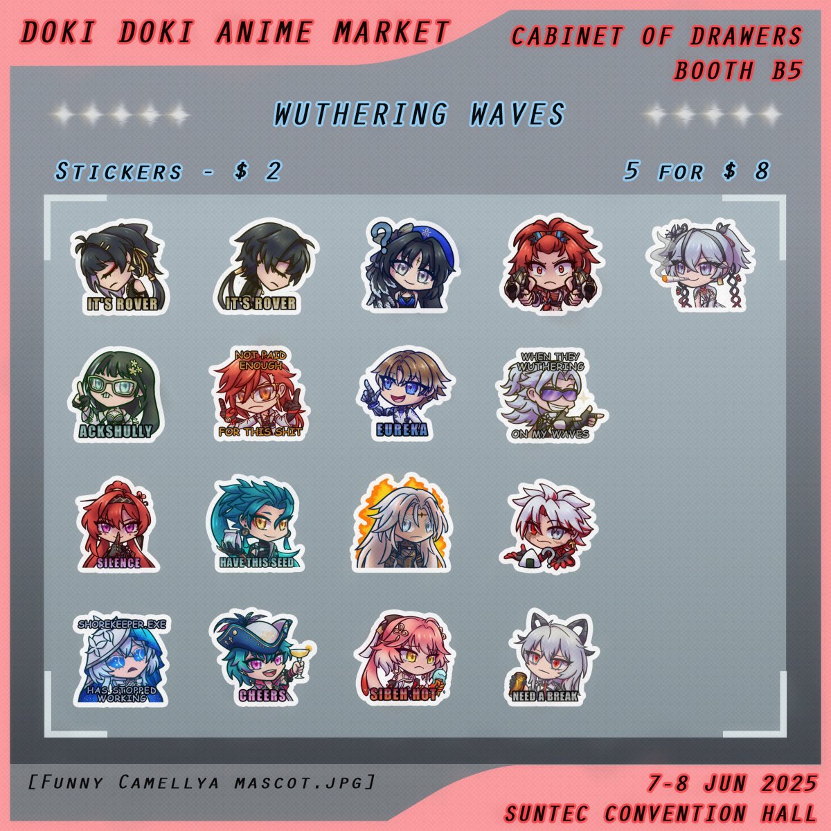 WrathDraco's tweet photo. Gonna be at #dokidokianimemarket this weekend! Booth B5 with Cabinet of Drawers! New PGR stuff dropped, hope y'all like 'em! #ddam2025 #ddamsg 

Fandoms: Punishing: Gray Raven, Wuthering Waves

Live commissions available too! ⬇️ https://t.co/k2wxlfvjae