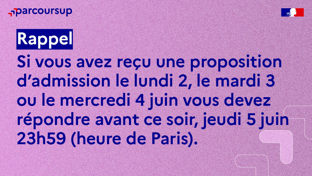 ✅ Pour tous les candidats qui ont reçu une proposition d'admission lundi 2, mardi 3 juin ou mercredi 4 juin vous avez jusqu'à ce soir, jeudi 5 juin 23h59 (heure de Paris) pour répondre.

💡 N'attendez pas le dernier moment !