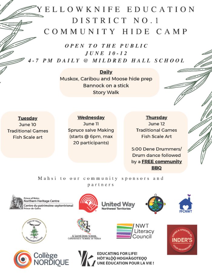 🎉 Join the YK1 Community Hide Camp – June 10–12!

Come learn traditional skills like hide prep, fish scale art, and spruce salve making—plus enjoy bannock, stories, Dene drumming, and a free BBQ!

📍 Mildred Hall School | 🕓 4–7 PM Daily | 🧡 Open to all!