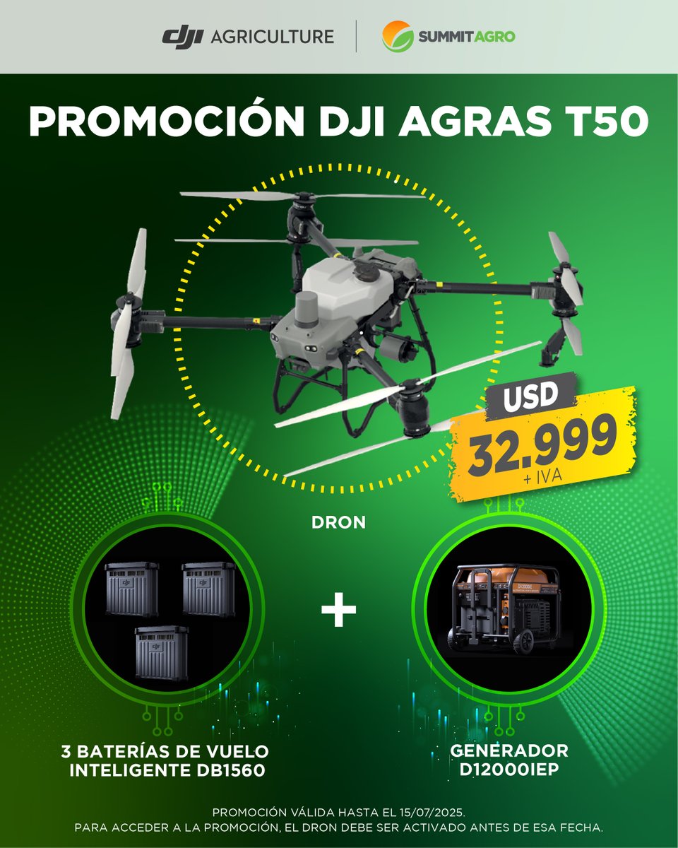 Descubrí la promoción que tenemos para vos! 🤝
Ya te contamos todo sobre el dron DJI Agras T50. 👈
Ahora, te proponemos llevar tu producción al siguiente nivel, con una herramienta de alta precisión, eficiencia y tecnología. 🚀
Accedé a esta promo exclusiva, activando tu dron DJI
