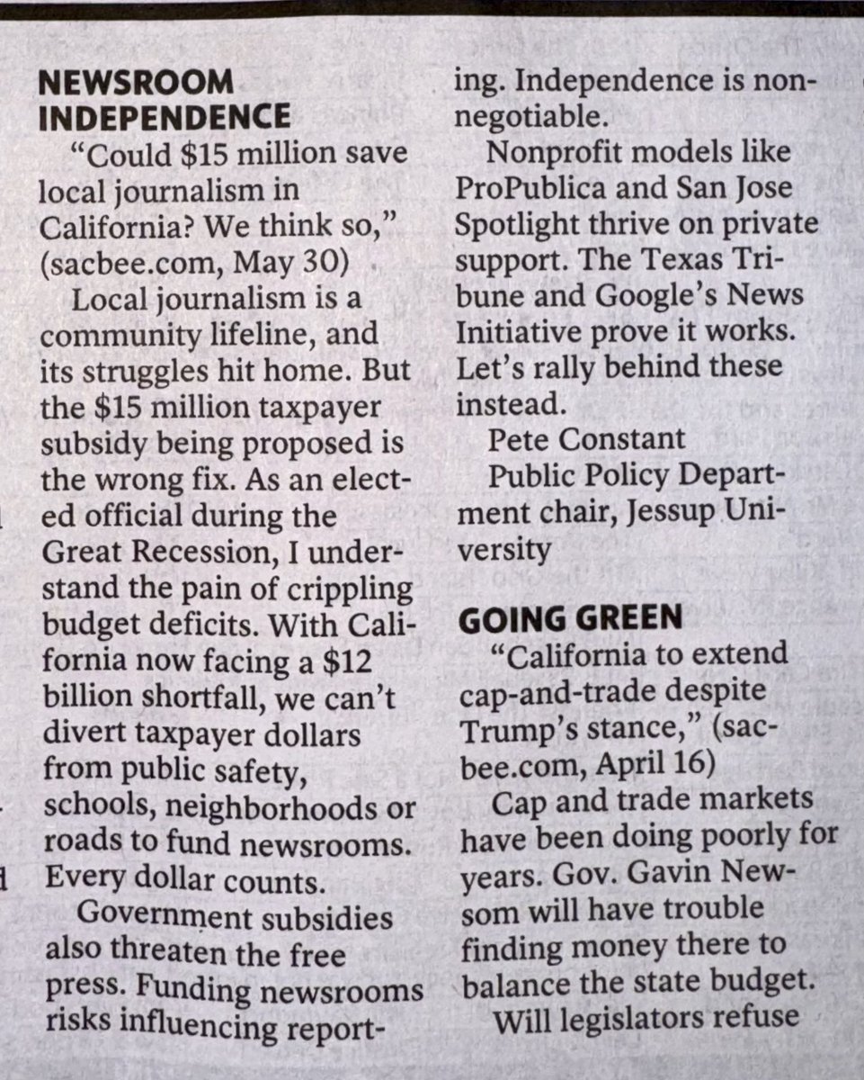 peteconstant's tweet photo. In the midst of a $12 Billion shortfall, California is considering corporate welfare for journalism. No thank you, that’s not what my hard earned tax dollars should pay for. https://t.co/8ghoc8EpWK