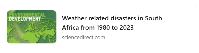 Exciting Announcement! We are thrilled to share that
Dr. Mary Bopape (MD: NRF-SAEON) &amp; her collaborators published a groundbreaking research paper analyzing weather-related disasters in South Africa, 1980-2023. Read the full paper: sciencedirect.com/science/articl…
<a href="/NRF_News/">National Research Foundation of South Africa</a>
<a href="/dstigovza/">DEPARTMENT OF SCIENCE,TECHNOLOGY & INNOVATION</a>