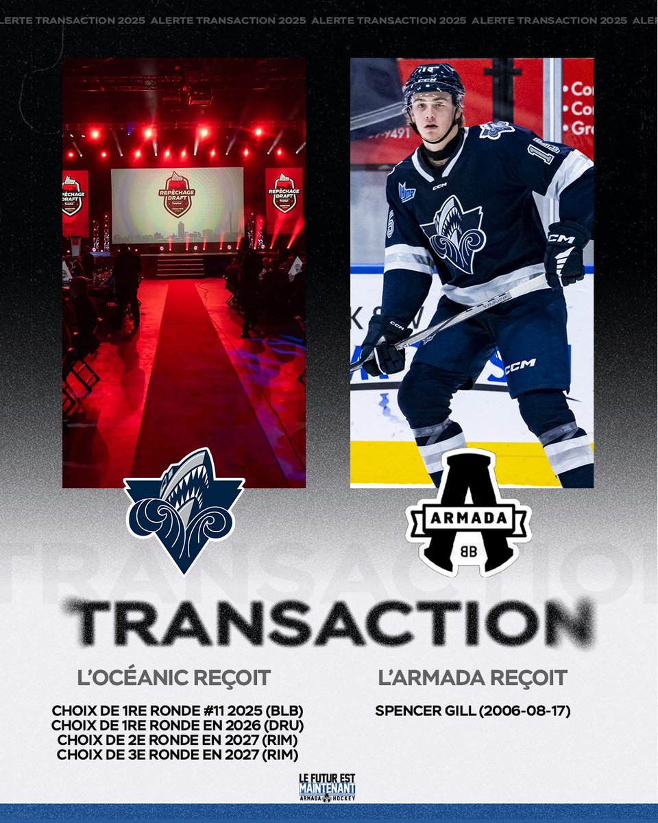 TRANSACTION 🔁 

L’Armada fait l’acquisition du défenseur Spencer Gill de l’<a href="/oceanicrimouski/">L'Océanic de Rimouski</a> en retour de 4 choix au repêchage.  

Bienvenue dans la famille de l’Armada, Spencer! 🙌

#LeFuturEstMaintenant⚡️