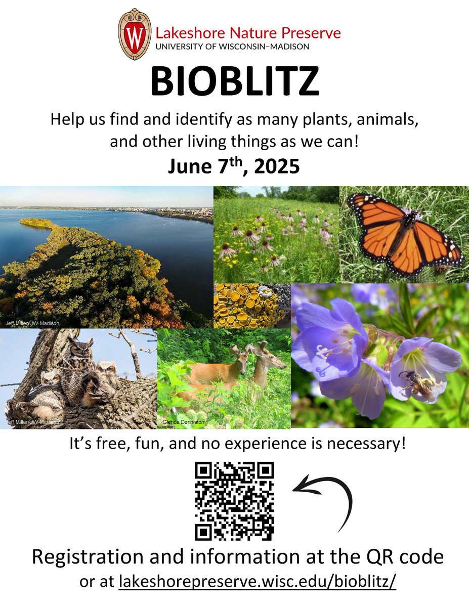 For World Environment Day, register for Lakeshore Nature Preserve's BIOBLITZ on 6/7, 6am-9pm. What is it? It's a nature scavenger hunt to identify as many species as possible (plants, animals, fungi, and other organisms). All are welcome!
lakeshorepreserve.wisc.edu/bioblitz/
