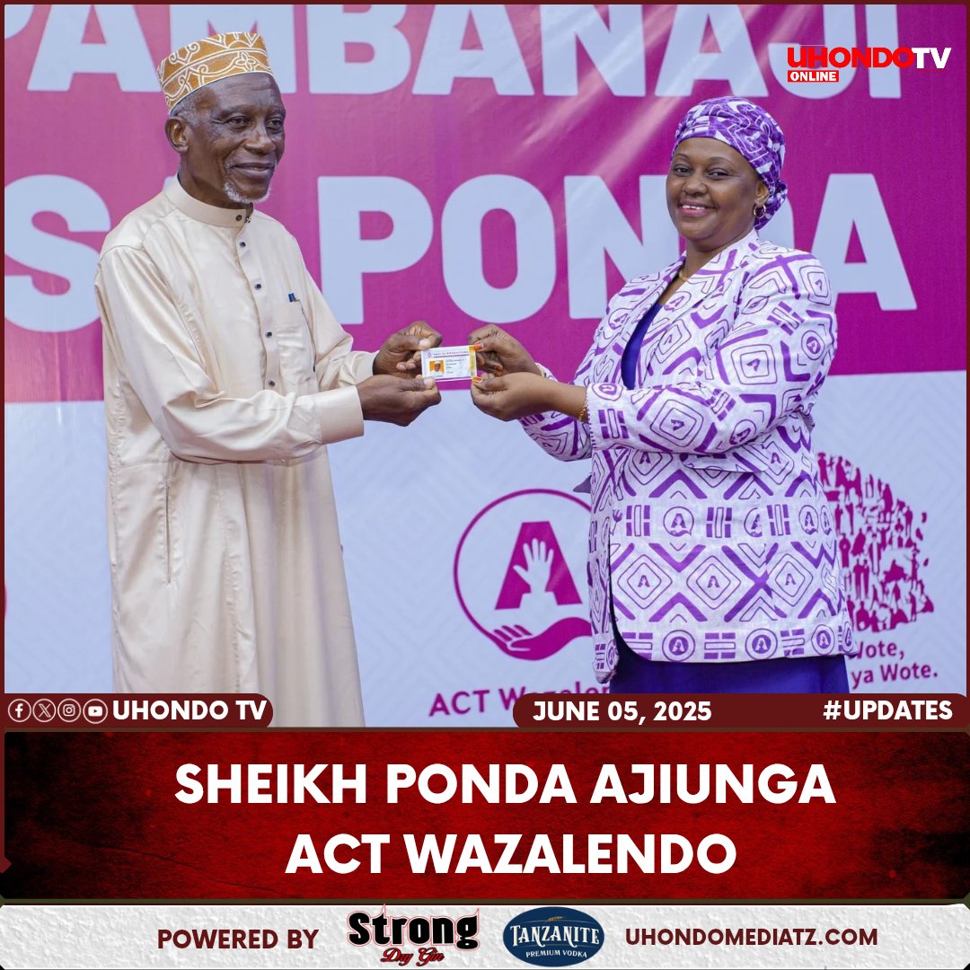 Uhondo TV (@uhondotv) on Twitter photo Katibu wa Jumuiya na Taasisi za Kiislam Tanzania, Sheikh Ponda Issa Ponda amejiunga chama cha <a href="/ACTwazalendo/">ACTWazalendo</a> .
Viongozi Wakuu ACT wamempokea Shekhe Ponda, leo June 05,2025 katika makao makuu ya Chama hicho Magomeni Jijini Dar es aalaam. Katibu wa Jumuiya na Taasisi za Kiislam Tanzania, Sheikh Ponda Issa Ponda amejiunga chama cha <a href="/ACTwazalendo/">ACTWazalendo</a> .
Viongozi Wakuu ACT wamempokea Shekhe Ponda, leo June 05,2025 katika makao makuu ya Chama hicho Magomeni Jijini Dar es aalaam.