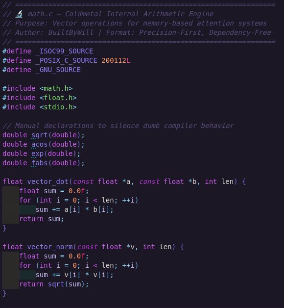 builtbywill's tweet photo. Built a transformer in pure C. No Python. No torch.
Just cosine, memory, and raw offline inference.
Still in bootcamp.

Wanna see the repo?
#coldmetal #offlineAI #Cdev https://t.co/Z1TEui5efV