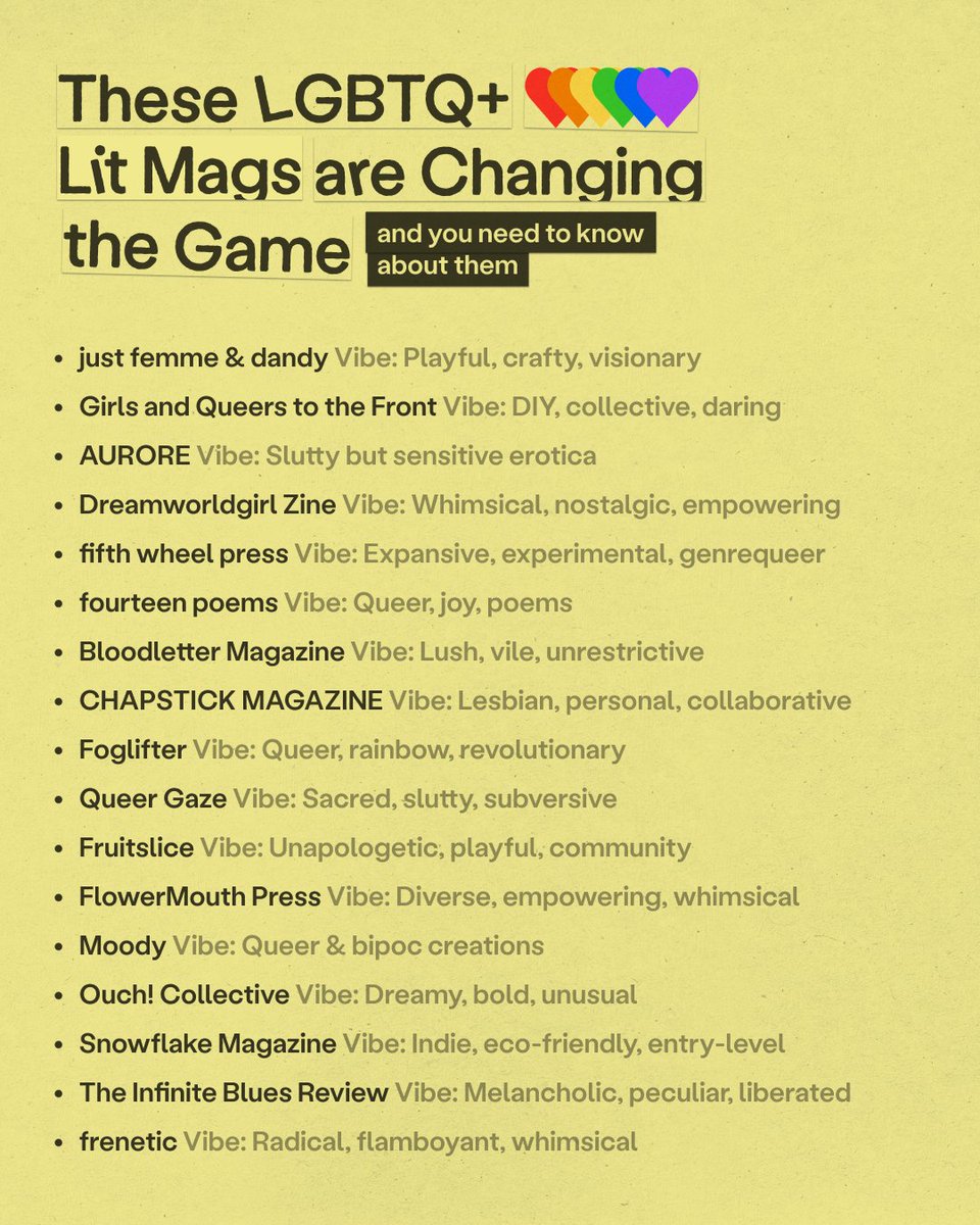We asked the editors to describe the vibe of their magazine in 3 words, and the vibes are good, real good🌈

Submission details &amp; website links:  chillsubs.com/lists/LGBTQ_lo…
