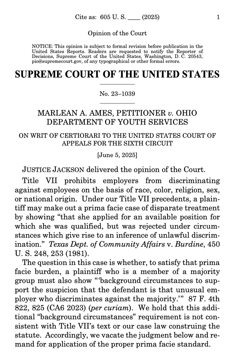 Tyler2ONeil's tweet photo. 🚨UNANIMOUS
The Supreme Court unanimously upheld the rights of a straight woman who claimed she was discriminated against in the workplace.
Ames v. Ohio sets an important precedent, and Ketanji Brown Jackson‼️ delivered the unanimous opinion of the court
https://t.co/gw2LQe1Up6
