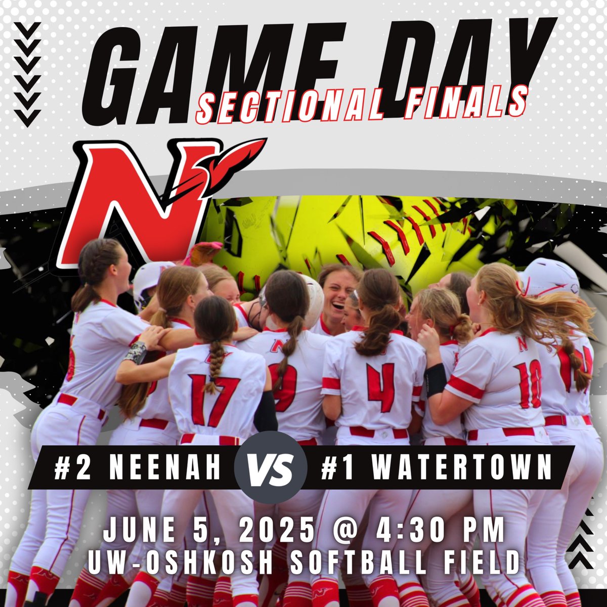 IT’S GAME DAY! ❤️🚀🥎
Sectional Final today at UWO as the #2 seed Rockets take on the #1 seed Goslings!
🥎: Neenah vs. Watertown
📍: UWO Softball Field
🕟: 4:30 p.m.
🎟: $7 cash only
🚗: Parking in front &amp; back of old Associated Bank building on the corner of Rush and Sawyer St.