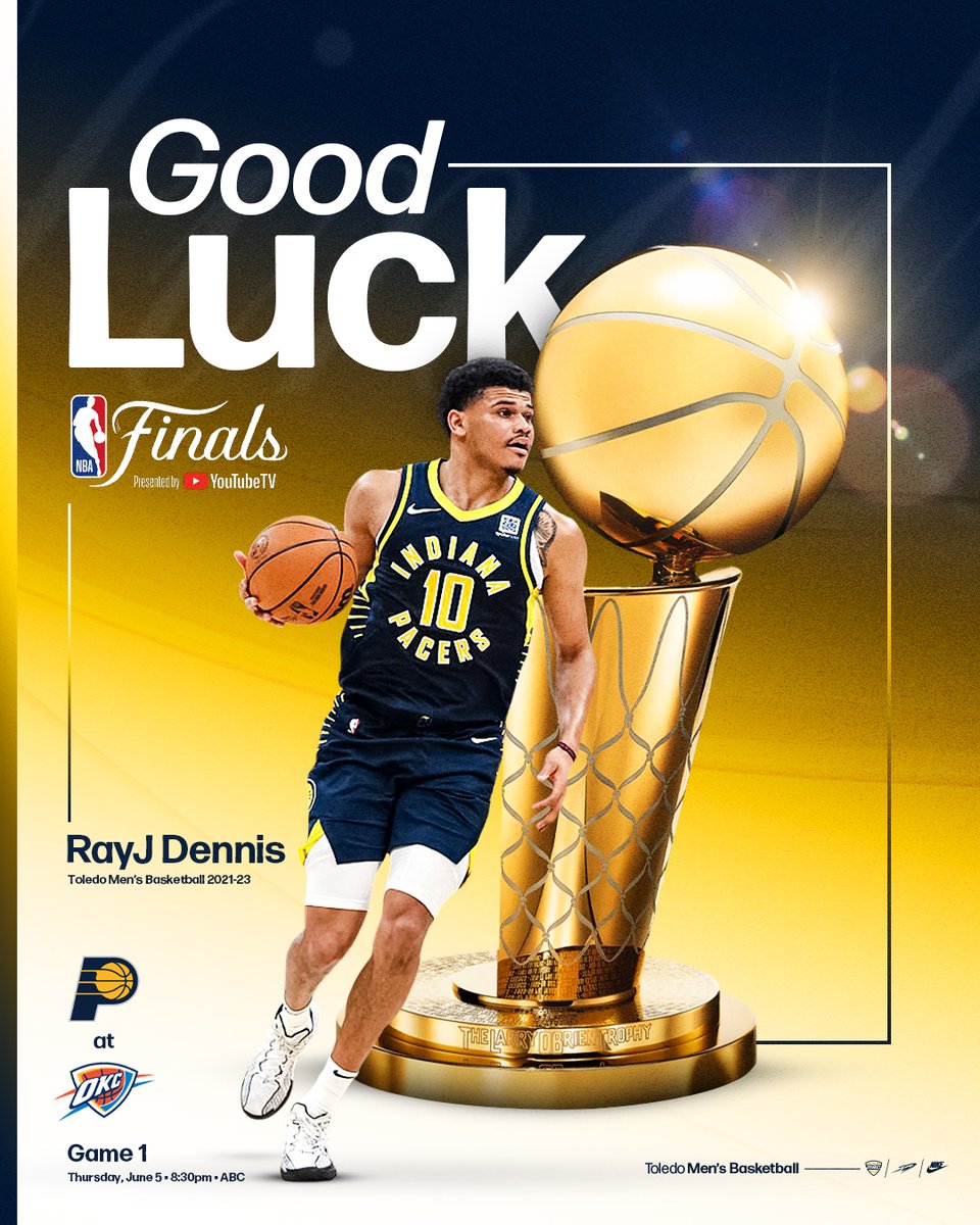 Toledo Men's Basketball (@toledo_mbb) on Twitter photo Best of luck to Rocket alum <a href="/rayjdennis10/">RayJ Dennis</a> & the <a href="/Pacers/">Indiana Pacers</a> in the NBA Finals!
Tune in tonight at 8:30 pm on ABC! #TeamToledo๐๐๐ช Best of luck to Rocket alum <a href="/rayjdennis10/">RayJ Dennis</a> & the <a href="/Pacers/">Indiana Pacers</a> in the NBA Finals!
Tune in tonight at 8:30 pm on ABC! #TeamToledo๐๐๐ช