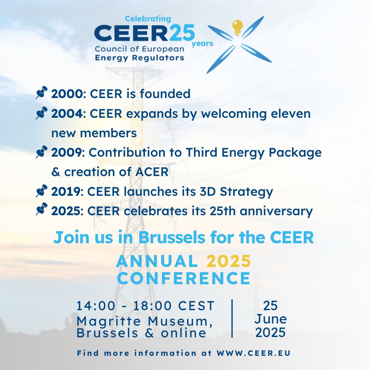 CEER turns 25 in 2025!

Since 2000, we've worked to strengthen energy regulation across #Europe.

📅 Join us in Brussels for the CEER Annual Conference 2025!

🔗 Register: ceer.eu/event/ceer-ann…
📄 CEER timeline history: ceer.eu/wp-content/upl… 

#CEER25 #EUenergy
