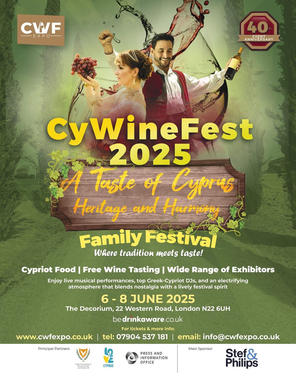 Cyprus in UK 🇨🇾 🇪🇺 (@cyprusinuk) on Twitter photo 🍷 Join us at the <a href="/CyWineFest/">Cypriot Wine Festival & Business Expo</a> this weekend!
🇨🇾 Under the auspices of <a href="/CyprusInUK/">Cyprus in UK 🇨🇾 🇪🇺</a>, with:
▫️ <a href="/visitcyprus/">VisitCyprus</a> showcasing travel
▫️ <a href="/CyprusTradeUK/">Cyprus Trade Centre</a> highlighting trade
▫️ <a href="/PIOcy/">Γραφείο Τύπου και Πληροφοριών</a> bringing Cyprus’ myths to life
🍇 Wine, culture, heritage — Cyprus at its best.
🎟️cwfexpo.co.uk 🍷 Join us at the <a href="/CyWineFest/">Cypriot Wine Festival & Business Expo</a> this weekend!
🇨🇾 Under the auspices of <a href="/CyprusInUK/">Cyprus in UK 🇨🇾 🇪🇺</a>, with:
▫️ <a href="/visitcyprus/">VisitCyprus</a> showcasing travel
▫️ <a href="/CyprusTradeUK/">Cyprus Trade Centre</a> highlighting trade
▫️ <a href="/PIOcy/">Γραφείο Τύπου και Πληροφοριών</a> bringing Cyprus’ myths to life
🍇 Wine, culture, heritage — Cyprus at its best.
🎟️cwfexpo.co.uk