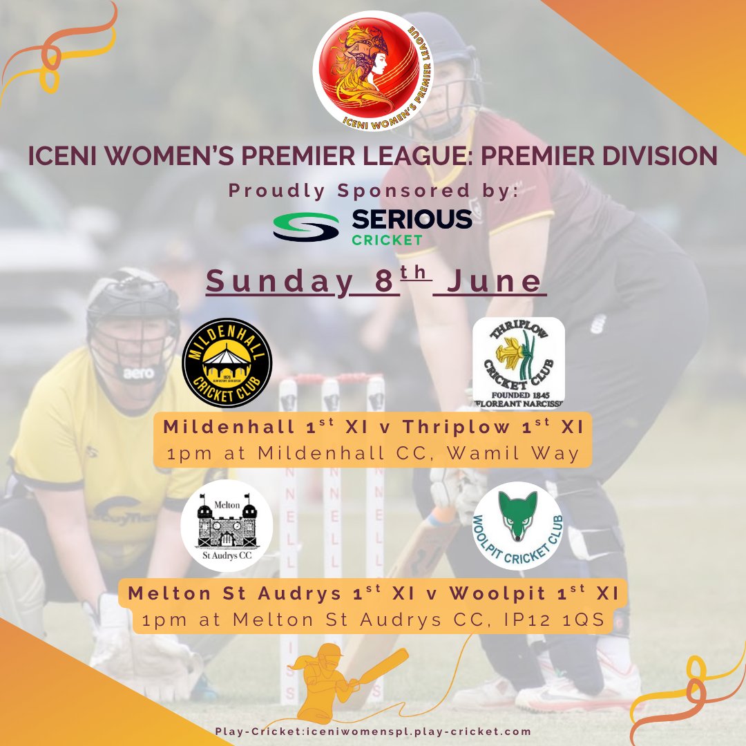 Iceni Women's Premier Cricket League (@iceniwpl) on Twitter photo 🏏Premier Division Fixtures: 8th June🏏
Sponsored by <a href="/SeriousCricket/">Serious Cricket</a>
After a break for county fixtures, we have 2matches in the prem this week
🟠<a href="/MildenhallCrick/">Mildenhall Cricket Club</a> v <a href="/ThriplowCC/">Thriplow CC</a>
🟠<a href="/Melton_Cricket/">Melton St Audry’s & Achilles CC</a> v <a href="/WoolpitCC/">Woolpit CC</a>
Pop along & support the teams
#WomensCricket #IceniWPL #SeriousCricket 🏏Premier Division Fixtures: 8th June🏏
Sponsored by <a href="/SeriousCricket/">Serious Cricket</a>
After a break for county fixtures, we have 2matches in the prem this week
🟠<a href="/MildenhallCrick/">Mildenhall Cricket Club</a> v <a href="/ThriplowCC/">Thriplow CC</a>
🟠<a href="/Melton_Cricket/">Melton St Audry’s & Achilles CC</a> v <a href="/WoolpitCC/">Woolpit CC</a>
Pop along & support the teams
#WomensCricket #IceniWPL #SeriousCricket