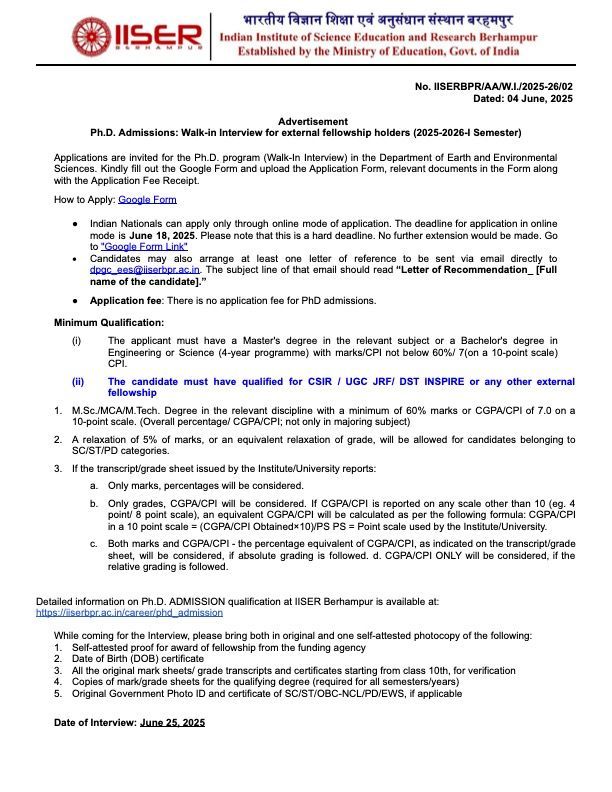 IISER_BERHAMPUR's tweet image. EES, IISER Berhampur is inviting PhD applications for August 2025.
#PhD #EES