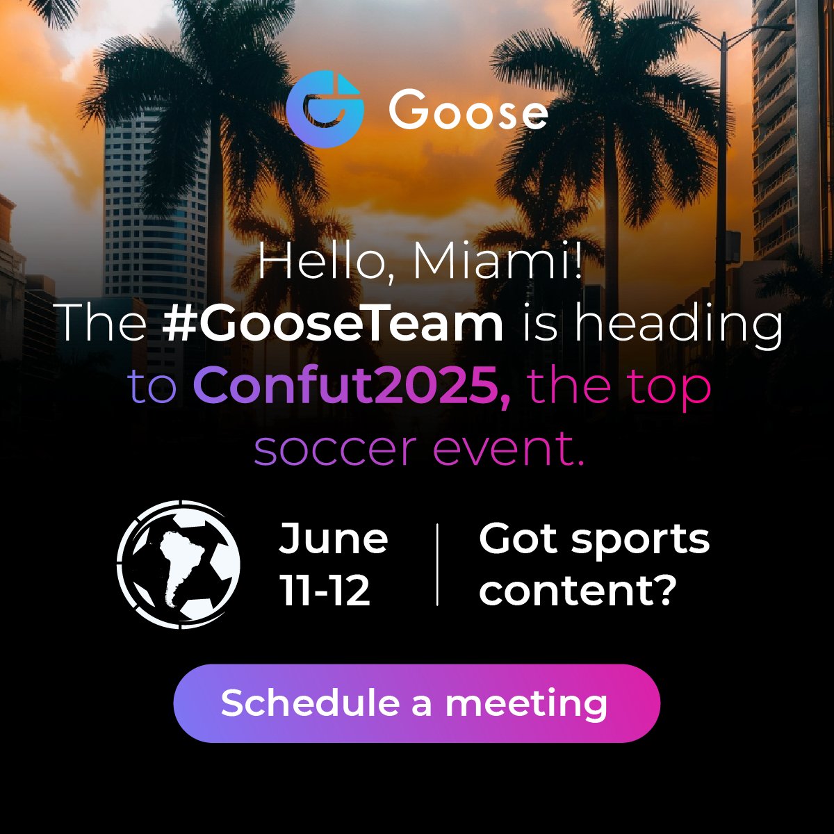 Hello, Miami! 🌴⚽️
The #GooseTeam is heading to #Confut2025, the top event in the soccer industry.
📅June 11–12
Got sports content? Let’s talk!
📲 Book a meeting:
👉 calendly.com/jonathan-otero…
See you at Confut!