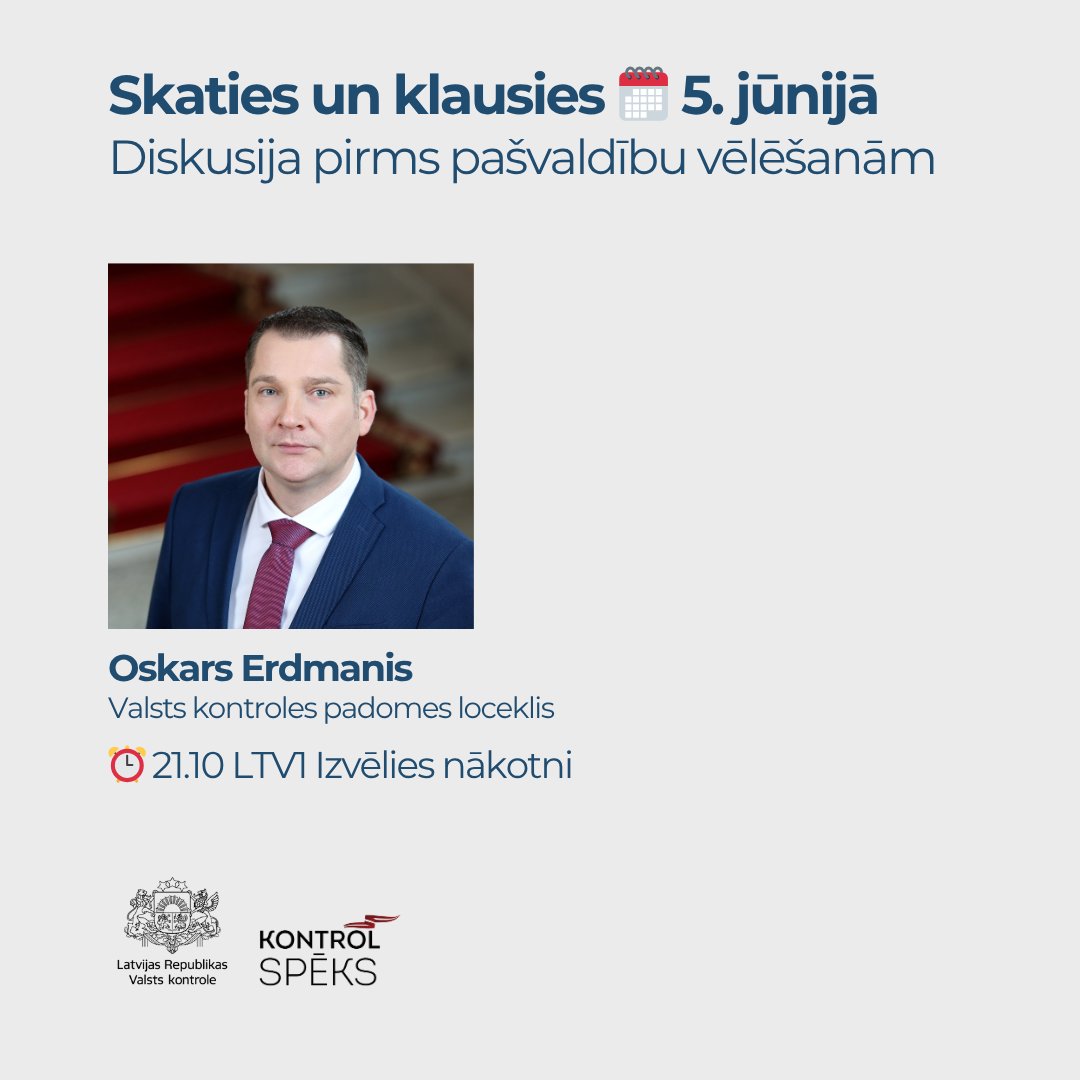 Valsts kontrole 🇱🇻 🇺🇦 (@vkontrole) on Twitter photo 🔵Par pašvaldību lomu pārvaldībā, iedzīvotāju pilsoniskās līdzdalības veicināšanā, ekonomikā un izglītībā šovakar <a href="/ltvzinas/">LTV Ziņu dienests</a> #IzvēliesNākotni diskutēs arī Valsts kontroles padomes loceklis Oskars Erdmanis.
ℹ️ Raidījums tiešraidē ⏰21.10: replay.lsm.lv/lv/skaties/tie… 🔵Par pašvaldību lomu pārvaldībā, iedzīvotāju pilsoniskās līdzdalības veicināšanā, ekonomikā un izglītībā šovakar <a href="/ltvzinas/">LTV Ziņu dienests</a> #IzvēliesNākotni diskutēs arī Valsts kontroles padomes loceklis Oskars Erdmanis.
ℹ️ Raidījums tiešraidē ⏰21.10: replay.lsm.lv/lv/skaties/tie…