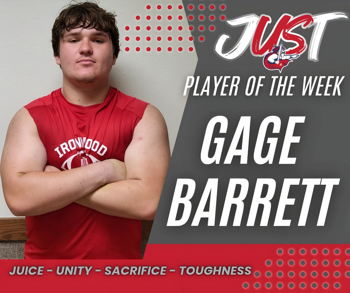 ALA Ironwood Warriors Football🏈 (@ala_iw_football) on Twitter photo Congrats to <a href="/Cant_block_gage/">Gage Barrett</a> for being our #JUST Player of the Week! Gage is a phenomenal leader. Hard working, accountable, and challenges his teammates to rise to the occasion. Congrats, Gage! #JUST Congrats to <a href="/Cant_block_gage/">Gage Barrett</a> for being our #JUST Player of the Week! Gage is a phenomenal leader. Hard working, accountable, and challenges his teammates to rise to the occasion. Congrats, Gage! #JUST
