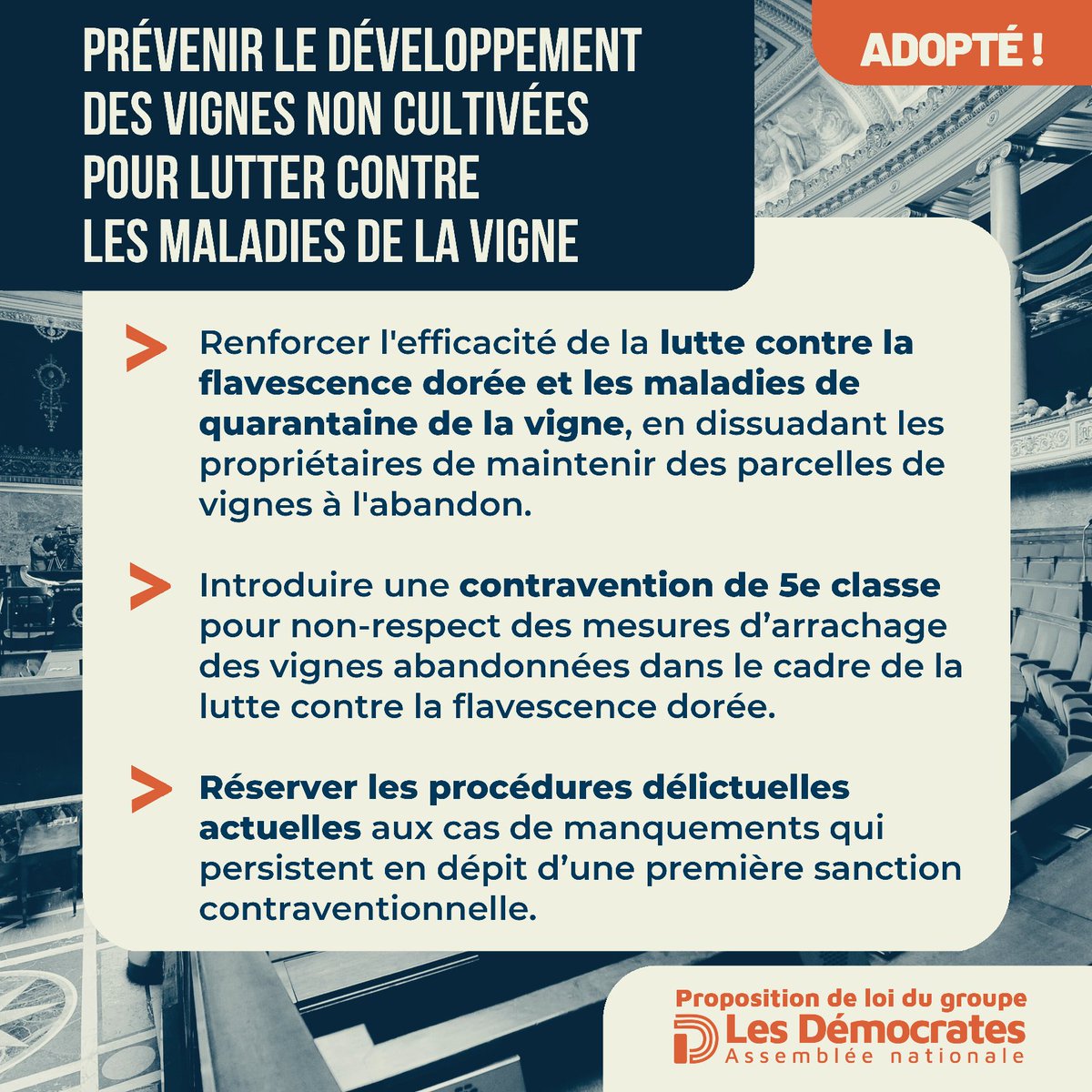 📢 Communiqué : Prévention des vignes non cultivées et lutte contre la flavescence dorée : La proposition de loi du groupe Les Démocrates définitivement adoptée !

Le groupe Les Démocrates se félicite de l’adoption conforme, au Sénat, de la proposition de loi portée à l'Assemblée