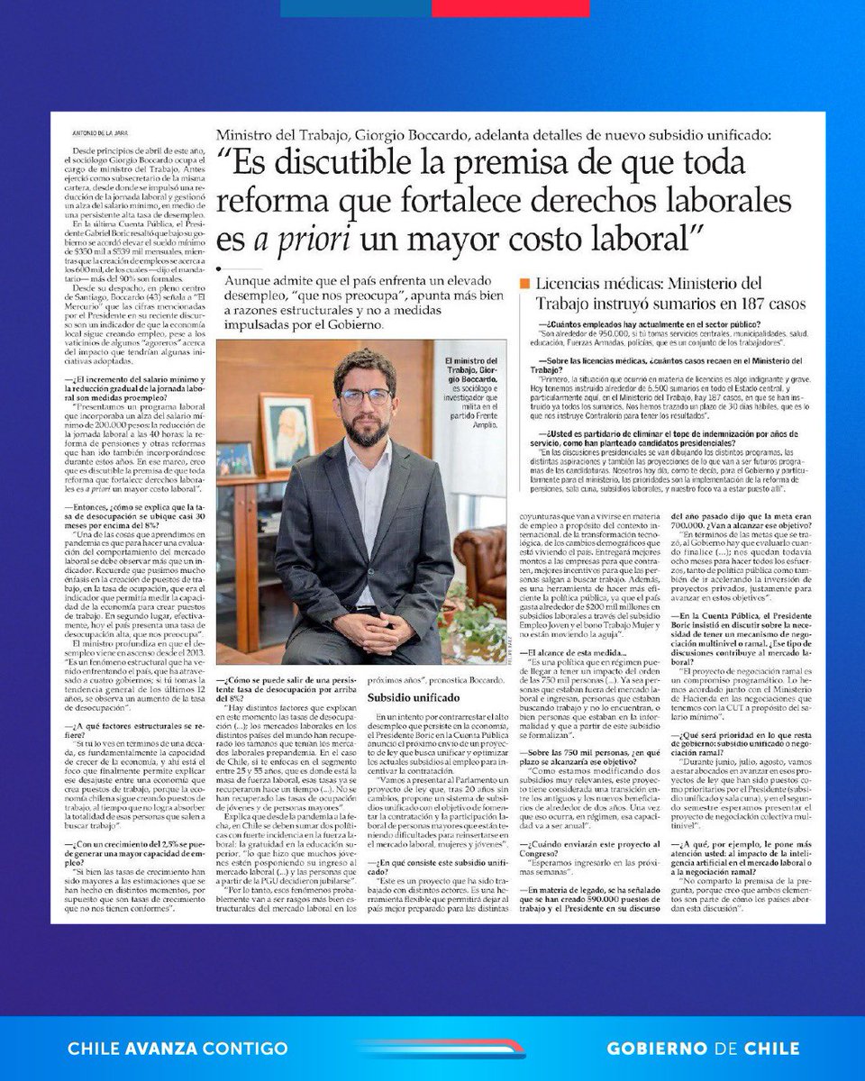 Trabajo y Previsión Social (@mintrabchile) on Twitter photo 📰 El ministro del Trabajo y Previsión Social, Giorgio Boccardo, en conversación con El Mercurio abordó los desafíos en materia de empleo y las iniciativas del <a href="/GobiernodeChile/">Gobierno de Chile</a> que se están impulsando este 2025. 📰 El ministro del Trabajo y Previsión Social, Giorgio Boccardo, en conversación con El Mercurio abordó los desafíos en materia de empleo y las iniciativas del <a href="/GobiernodeChile/">Gobierno de Chile</a> que se están impulsando este 2025.