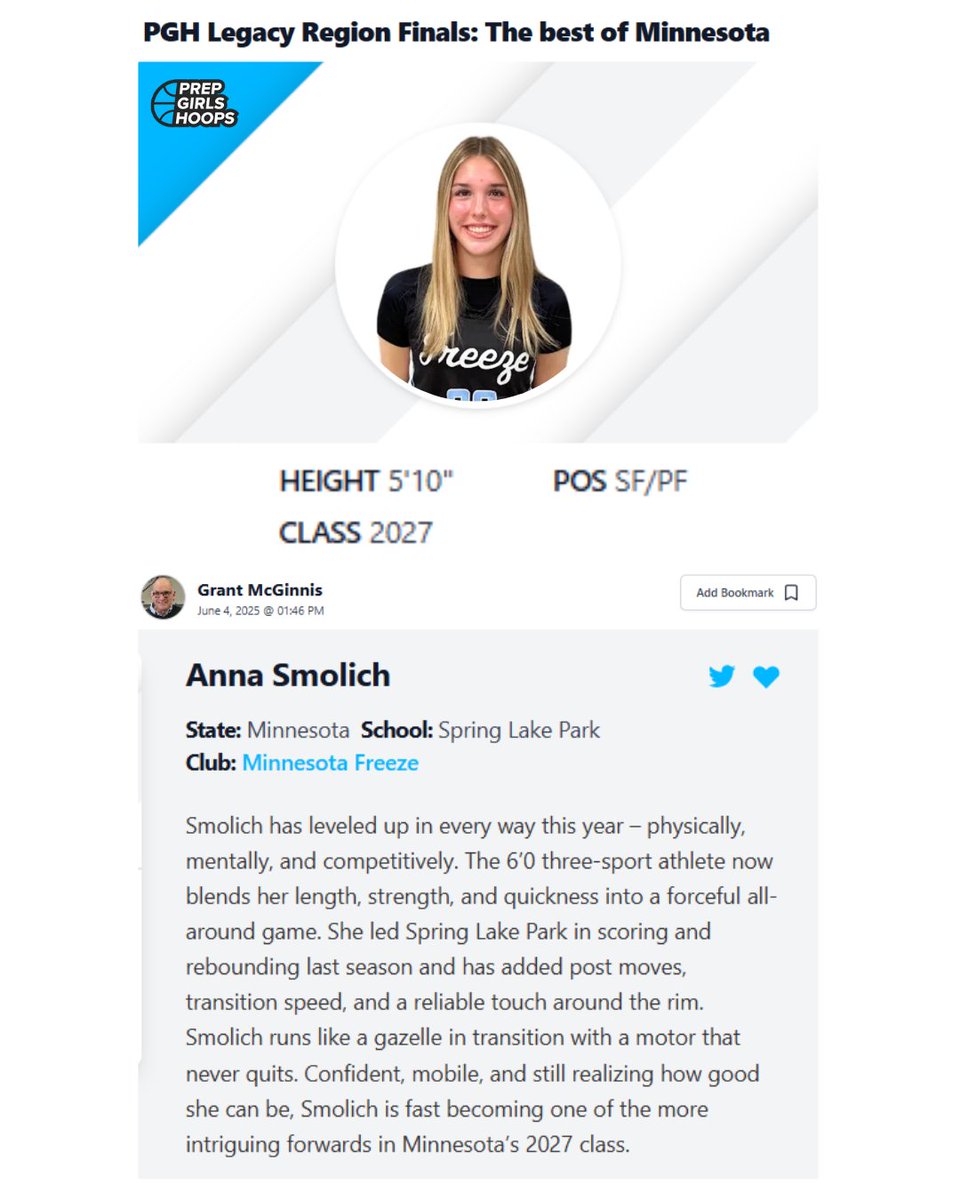 Minnesota Freeze Girl’s Basketball (@mn_freeze_bball) on Twitter photo Continuing her impressive run this AAU season, <a href="/AnnaSmolich2027/">Anna Smolich</a> is quickly emerging as a player to watch. She can guard 1-5 on defense, and has an inside/outside offensive game. The sky is the limit for Anna!
<a href="/PGHMinnesota/">Prep Girls Hoops Minnesota</a>
<a href="/PGHCircuit/">Prep Girls Hoops Circuit 🏀</a>
<a href="/JrAllStarBB/">Jr. All-Star Girls Basketball</a>
<a href="/FiveStateHoops/">Five State Hoops</a>
<a href="/SLPwbb/">SLP Girls Basketball</a> Continuing her impressive run this AAU season, <a href="/AnnaSmolich2027/">Anna Smolich</a> is quickly emerging as a player to watch. She can guard 1-5 on defense, and has an inside/outside offensive game. The sky is the limit for Anna!
<a href="/PGHMinnesota/">Prep Girls Hoops Minnesota</a>
<a href="/PGHCircuit/">Prep Girls Hoops Circuit 🏀</a>
<a href="/JrAllStarBB/">Jr. All-Star Girls Basketball</a>
<a href="/FiveStateHoops/">Five State Hoops</a>
<a href="/SLPwbb/">SLP Girls Basketball</a>
