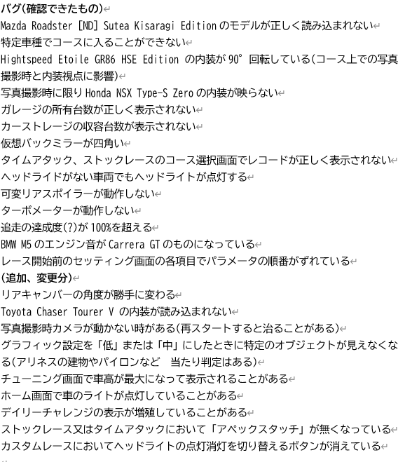 MIYAa383816's tweet photo. #AssolutoRacing
新たに報告していただいたバグの追加と英訳です
Additions and English translations of newly reported bugs.
※The translation tool may have resulted in some incorrect expressions. https://t.co/komYHDdA7f