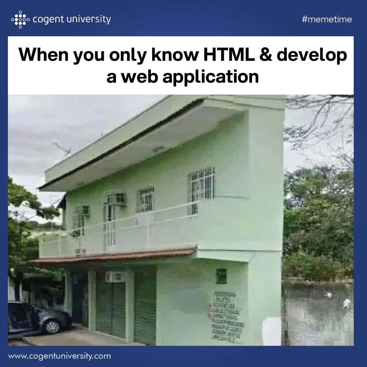Cogentuni's tweet image. Looks great... until someone tries to open the back-end door.
#UserExperience #DesignVsReality #UXHumor #CogentUniversity #MemeTime