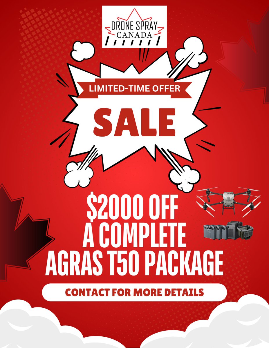 🚨 LIMITED-TIME OFFER 🚨

Save $2,000 on a complete DJI Agras T50 package!!
Smarter spraying. Bigger savings. Get the most advanced agriculture drone on the market. Built for Canadian Farms!🍁

📍 Full setup, training &amp; support included
👉 Offer ends June 30

Contacts us -