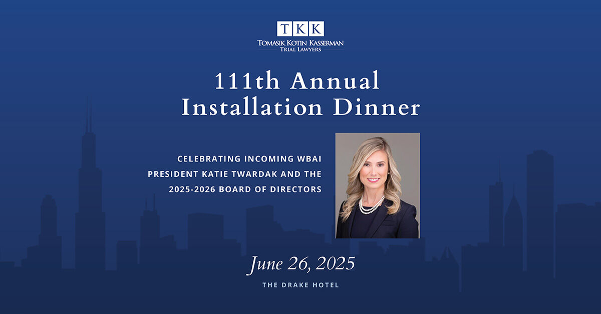 Please join us on June 26 to celebrate Partner Katie Twardak’s installation as the 2025–2026 President of the Women’s Bar Association of Illinois at the organization’s 111th Installation Dinner.

To learn more about this event, visit: bit.ly/4kyXIFk 

#TKKLaw #WBAI