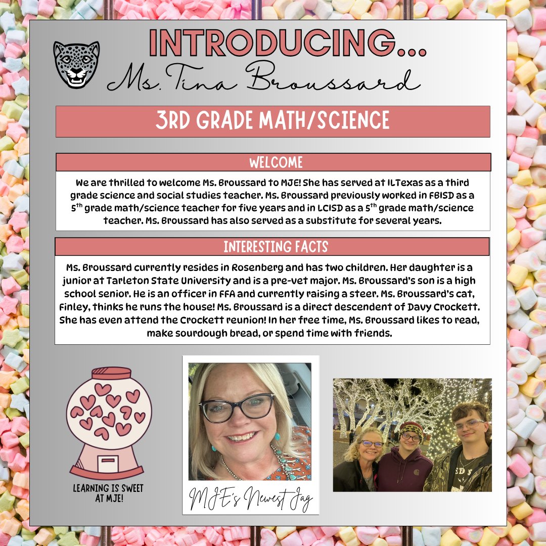 Please join us in welcoming Ms. Tina Broussard to the MJE family! 🐾 Stay tuned to get to know our newest Jags! #mjejags #meetMJE