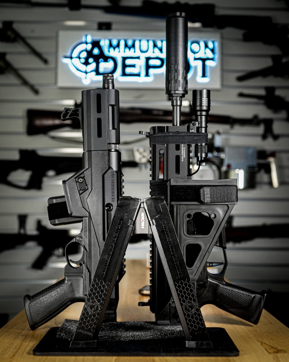 AmmunitionDepot's tweet image. When your safe says “subtle” but your flex says “suppressed and blessed.”
Left: Ruger PC Charger fitted with a 1913 SB Tactical folding brace. American muscle in a compact package, ready to break down or break out.
Right: Grand Power Stribog kitted with an SB Tactical brace and…