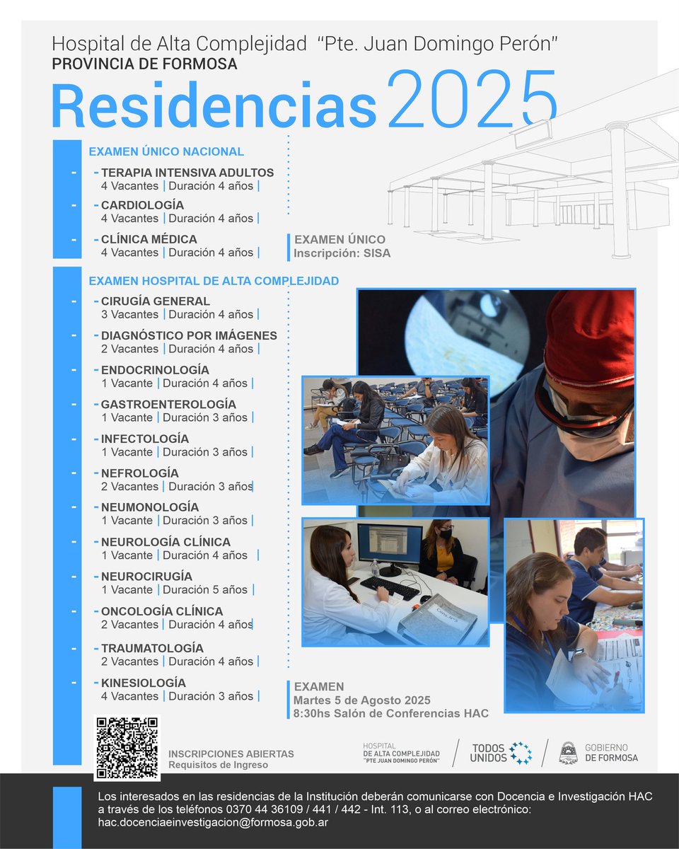 ¡Inscríbete ahora y comenzá tu camino hacia una carrera médica exitosa!
Para mayor información sobre las residencias comunicarse a través a los siguientes números telefónicos: 3704436109/441/442 – Interno 113 o al correo electrónico: hac.docenciaeinvestigacion@formosa.gob.ar.