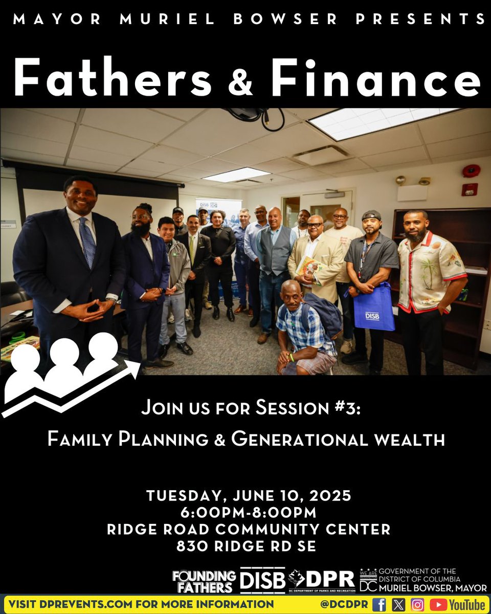 DCDPR's tweet image. 👔💰 Dads, join us Tues, June 10 for the Fathers &amp;amp; Finance Workshop w/ @DCDISB &amp;amp; @DCDPR!

📍 Ridge Rd Rec Center

🕕 6–8 PM | Panel @ 6:15 PM: Budgeting &amp;amp; family finance tips for new/expecting fathers.
#MOREthanREC
#DCDads #FathersDay #FinancialPlanning  #DISB