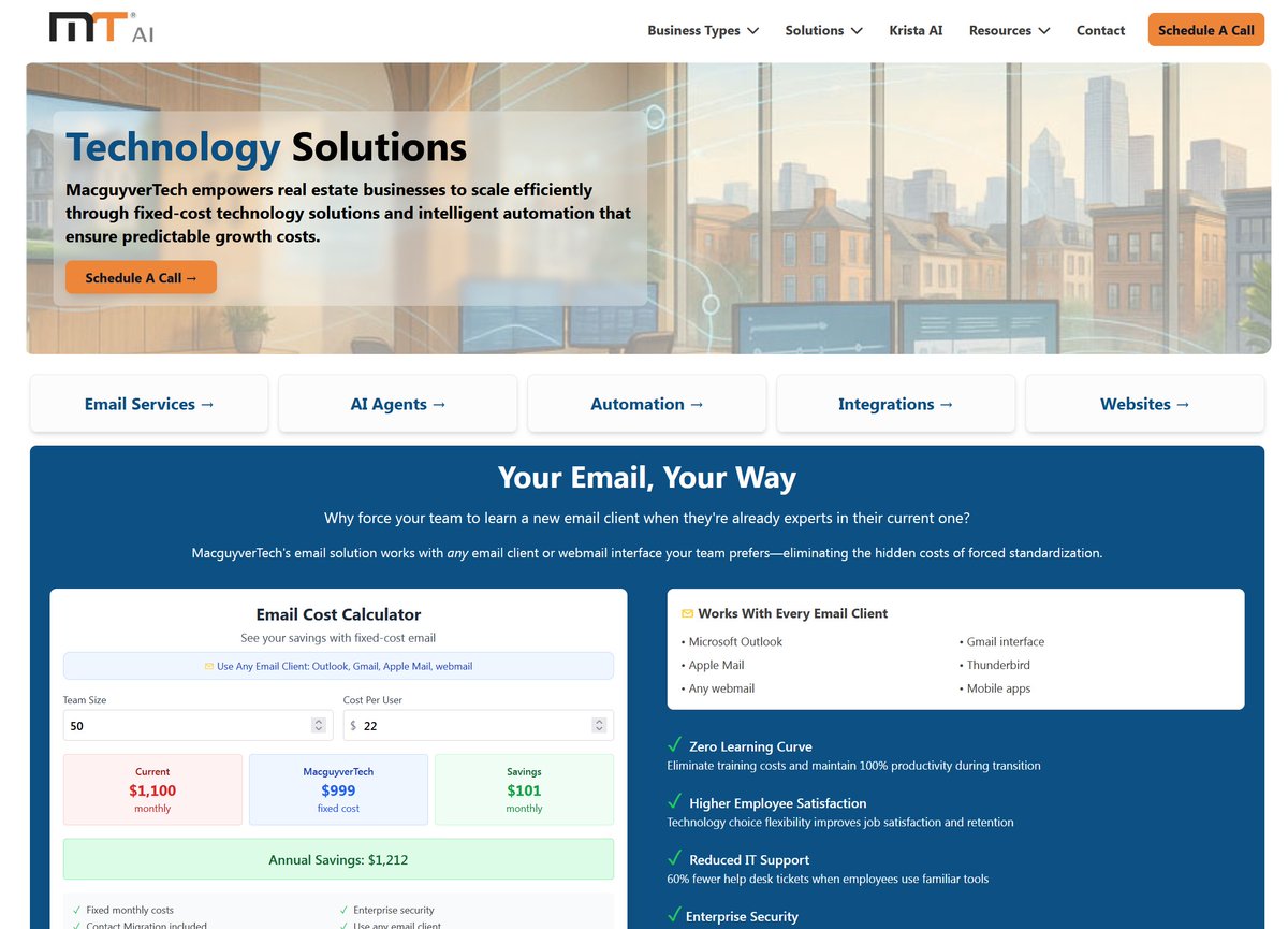 We are excited to launch  our new website for MacgyverTech. We are solely focusing on AI Agents in the real estate industry and adjacent companies. 

Please let us know of our new website what you think?

macguyvertech.com