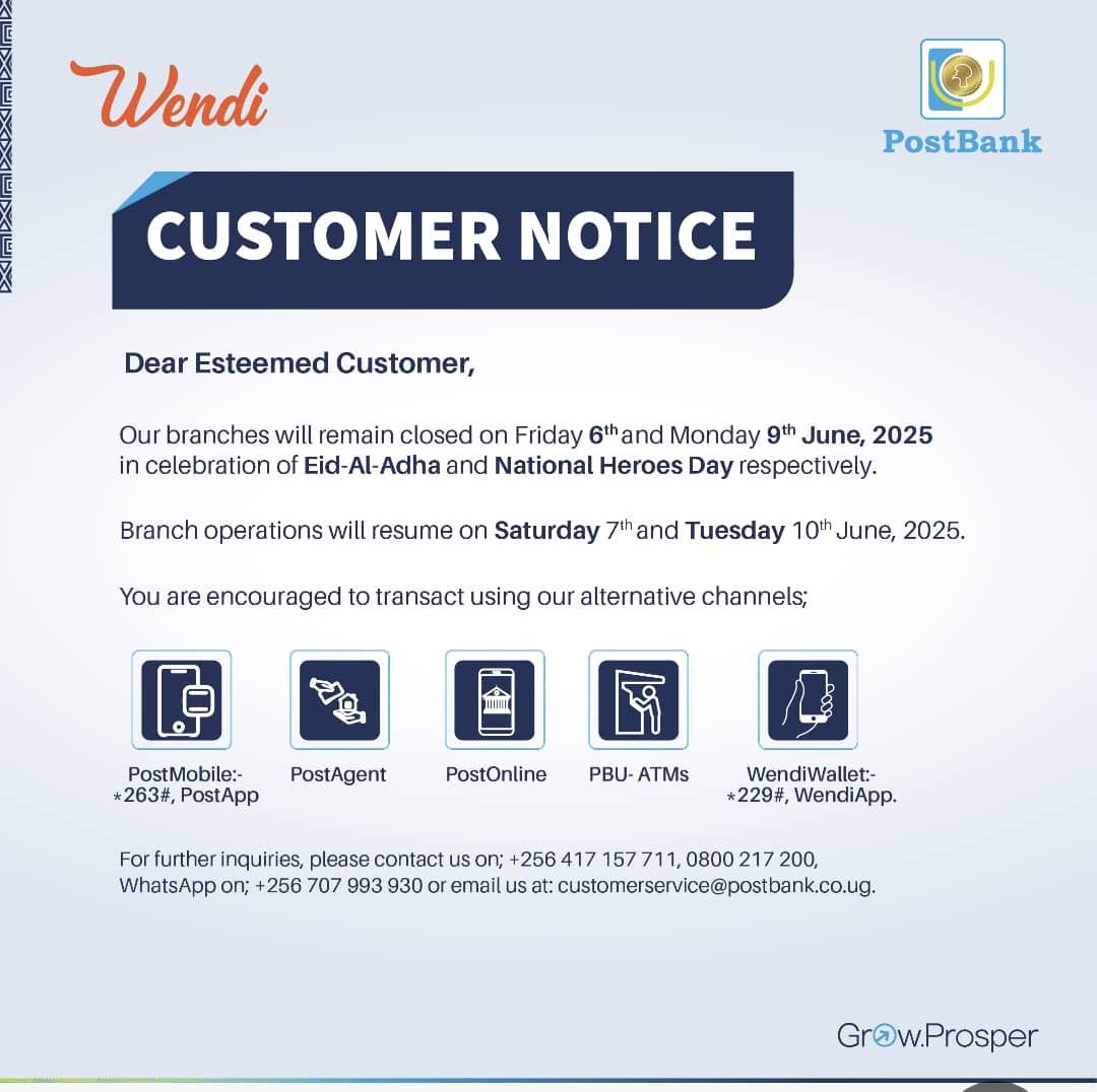Dear customers, as we join the nation in celebrating Eid-Al-Adha (Friday 6th June) and National Heroes Day (Monday 9th June), please note that our branches will remain closed.  Normal operations will resume on Saturday 7th June and Tuesday 10th June, 2025.

During this time, you
