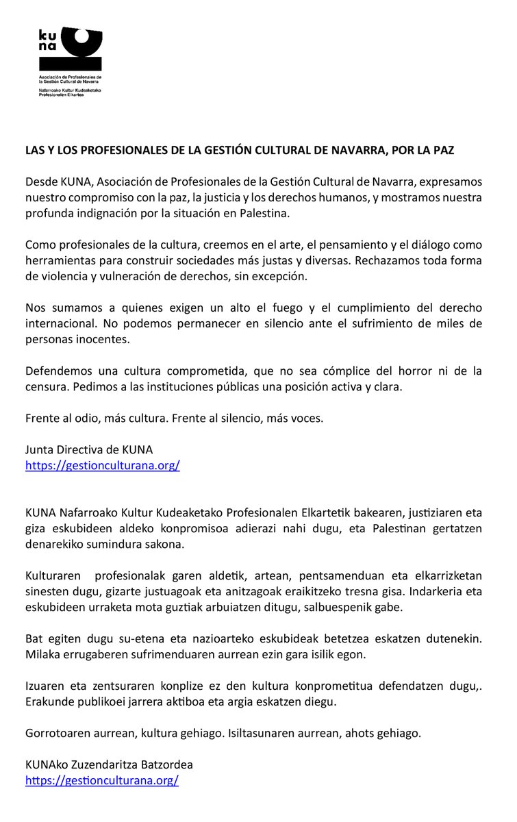 <a href="/APGCNA/">KUNA Gestión Cultural Navarra</a>  expresamos nuestro compromiso con la paz, la justicia y los derechos humanos y nuestra profunda indignación por situación en Palestina.

KUNAtik bakea, justizia eta giza eskubideekin dugun konpromisoa adierazi nahi dugu, eta Palestinan gertatzen denarekin suminduta gaude