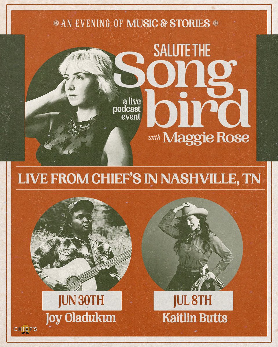 Maggie Rose (@iammaggierose) on Twitter photo Join us at <a href="/ChiefsBroadway/">Chief's on Broadway</a> for <a href="/SaluteSongbird/">Salute The Songbird Podcast</a> LIVE podcast! 🕊️ Don't miss <a href="/joyoladokun/">joy oladokun is in crocs.</a> on 6/30 and <a href="/KaitlinButts/">Kaitlin Butts</a> on 7/8!
🎟️ Tickets are selling out fast, grab yours now! Can't attend in person? Stream the show LIVE on <a href="/GetOnVolume/">Volume.com</a> at volume.com/iammaggierose #podcast #nashville Join us at <a href="/ChiefsBroadway/">Chief's on Broadway</a> for <a href="/SaluteSongbird/">Salute The Songbird Podcast</a> LIVE podcast! 🕊️ Don't miss <a href="/joyoladokun/">joy oladokun is in crocs.</a> on 6/30 and <a href="/KaitlinButts/">Kaitlin Butts</a> on 7/8!
🎟️ Tickets are selling out fast, grab yours now! Can't attend in person? Stream the show LIVE on <a href="/GetOnVolume/">Volume.com</a> at volume.com/iammaggierose #podcast #nashville