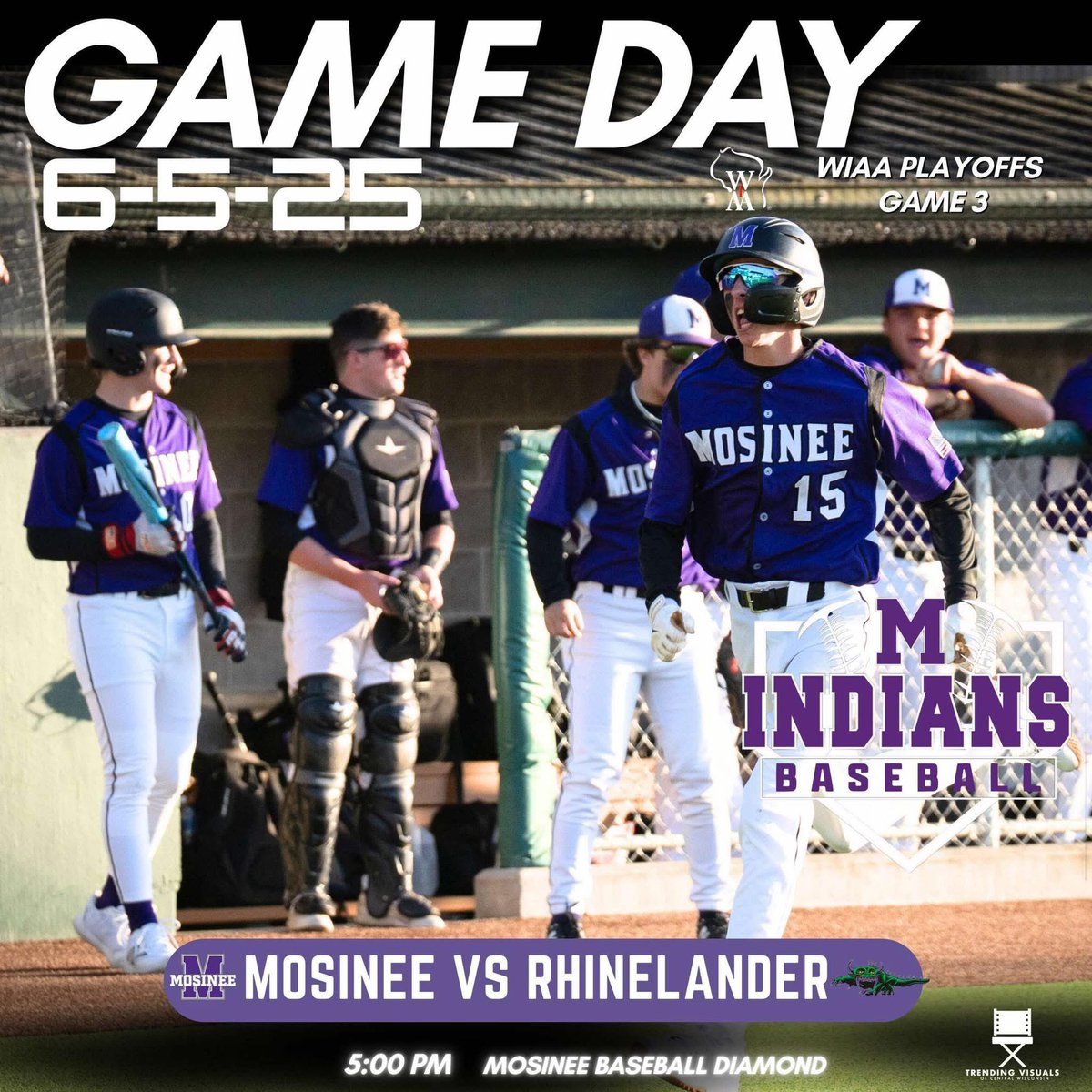 Regional Final Game Day ⚾️

Your Mosinee Indians host the Rhinelander Hodags for the WIAA Division 2 Regional Final❕Winner advances to sectionals. Come support the boys!

🆚 Rhinelander 
⏰ 5:00pm
📍 Mosinee High School Field
💵 $6.00 Admission