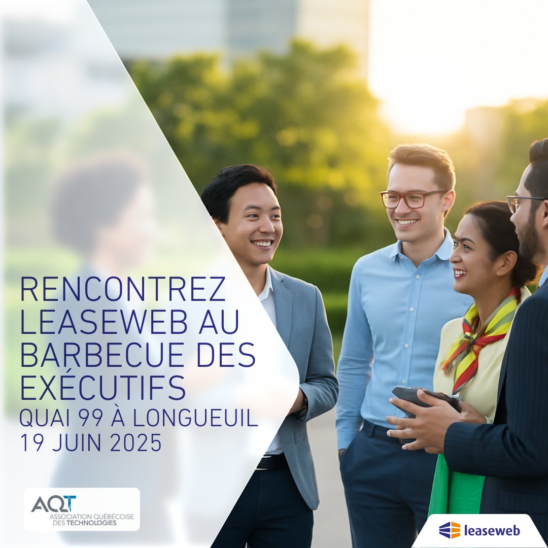 Retrouvez Leaseweb au BBQ des exécutifs de l’AQT le 19 juin! Roger Brulotte et Marie-Pier Angers seront sur place au Quai 99 pour un après-midi de réseautage avec les leaders TI du Québec. 

#BBQdesExécutifs #TechnoduQuébec