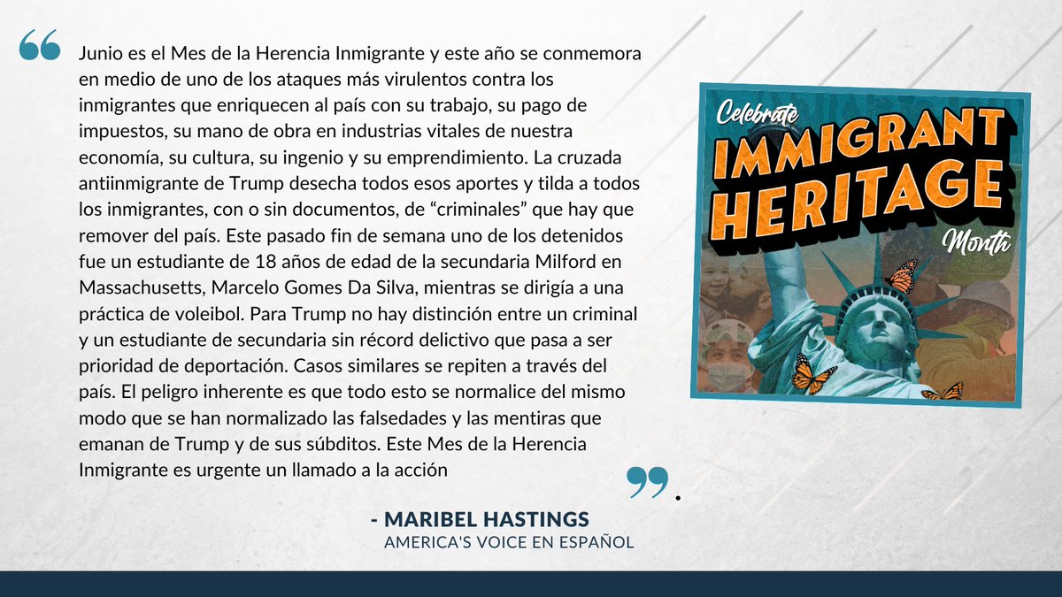 America's Voice (@americasvoice) on Twitter photo En su columna semanal, <a href="/maribelhastings/">Maribel Hastings</a> escribe que junio es el Mes de la Herencia Inmigrante y se conmemora en medio de la cruzada antiinmigrante de Trump por lo que urge un llamado a la acción.
americasvoice.org/aves_feature/m… En su columna semanal, <a href="/maribelhastings/">Maribel Hastings</a> escribe que junio es el Mes de la Herencia Inmigrante y se conmemora en medio de la cruzada antiinmigrante de Trump por lo que urge un llamado a la acción.
americasvoice.org/aves_feature/m…