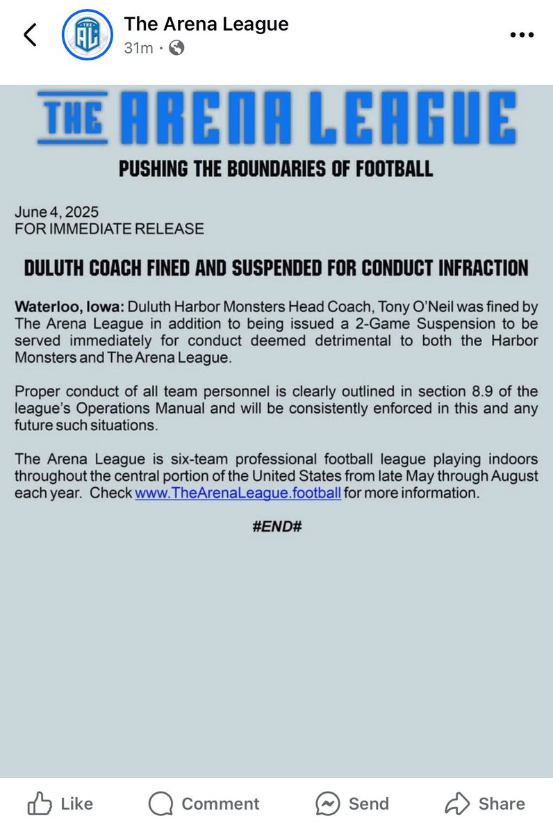 Michael Lathrop 🏈 🎙 (@xflmike) on Twitter photo NEWS:
The Arena League announce head coach <a href="/Duluth_Monsters/">Duluth Harbor Monsters - Arena League Football</a> Tony O’Neil was fined & issued a 2 game suspension, to be served immediately.
Per <a href="/TheArenaLeague/">The Arena League | TAL</a> Facebook Post
#TAL #TAL2025 NEWS:
The Arena League announce head coach <a href="/Duluth_Monsters/">Duluth Harbor Monsters - Arena League Football</a> Tony O’Neil was fined & issued a 2 game suspension, to be served immediately.
Per <a href="/TheArenaLeague/">The Arena League | TAL</a> Facebook Post
#TAL #TAL2025