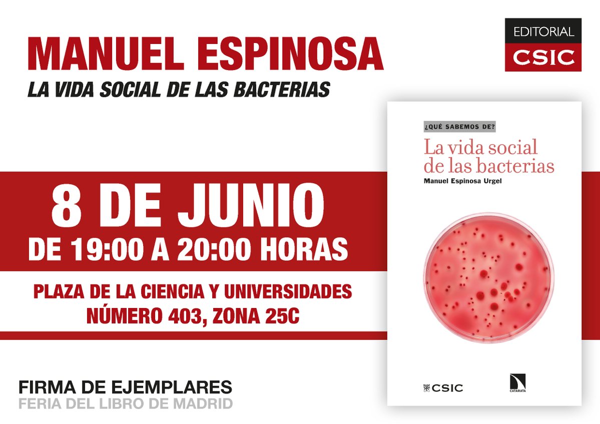 Editorial CSIC (@editorialcsic) on Twitter photo <a href="/CIAL_CSIC_UAM/">CIAL</a> <a href="/CSIC/">CSIC</a> <a href="/CSICdivulga/">CSIC Divulga</a> <a href="/unelibros/">Edición Universitaria</a> <a href="/CienciaGob/">Ministerio de Ciencia, Innovación y Universidades</a> <a href="/Mherrero_0n/">Miguel Herrero</a> <a href="/CatarataLibros/">Libros Catarata</a> <a href="/FLMadrid/">Feria del Libro de Madrid</a> ✍️ Próximas firmas de libros #QuéSabemosDe (caseta 403):
- Sáb. 7 junio, 19 a 20h: Marta Miguel, científica del <a href="/CIAL_CSIC_UAM/">CIAL</a> y autora de 'La ciencia y la cocina'
- Dom. 8 junio, 19 a 20h: Manuel Espinosa, científico de la <a href="/EEZCSIC/">Estación Experimental del Zaidín (CSIC)</a> y autor de 'La vida social de las bacterias' <a href="/CIAL_CSIC_UAM/">CIAL</a> <a href="/CSIC/">CSIC</a> <a href="/CSICdivulga/">CSIC Divulga</a> <a href="/unelibros/">Edición Universitaria</a> <a href="/CienciaGob/">Ministerio de Ciencia, Innovación y Universidades</a> <a href="/Mherrero_0n/">Miguel Herrero</a> <a href="/CatarataLibros/">Libros Catarata</a> <a href="/FLMadrid/">Feria del Libro de Madrid</a> ✍️ Próximas firmas de libros #QuéSabemosDe (caseta 403):
- Sáb. 7 junio, 19 a 20h: Marta Miguel, científica del <a href="/CIAL_CSIC_UAM/">CIAL</a> y autora de 'La ciencia y la cocina'
- Dom. 8 junio, 19 a 20h: Manuel Espinosa, científico de la <a href="/EEZCSIC/">Estación Experimental del Zaidín (CSIC)</a> y autor de 'La vida social de las bacterias'