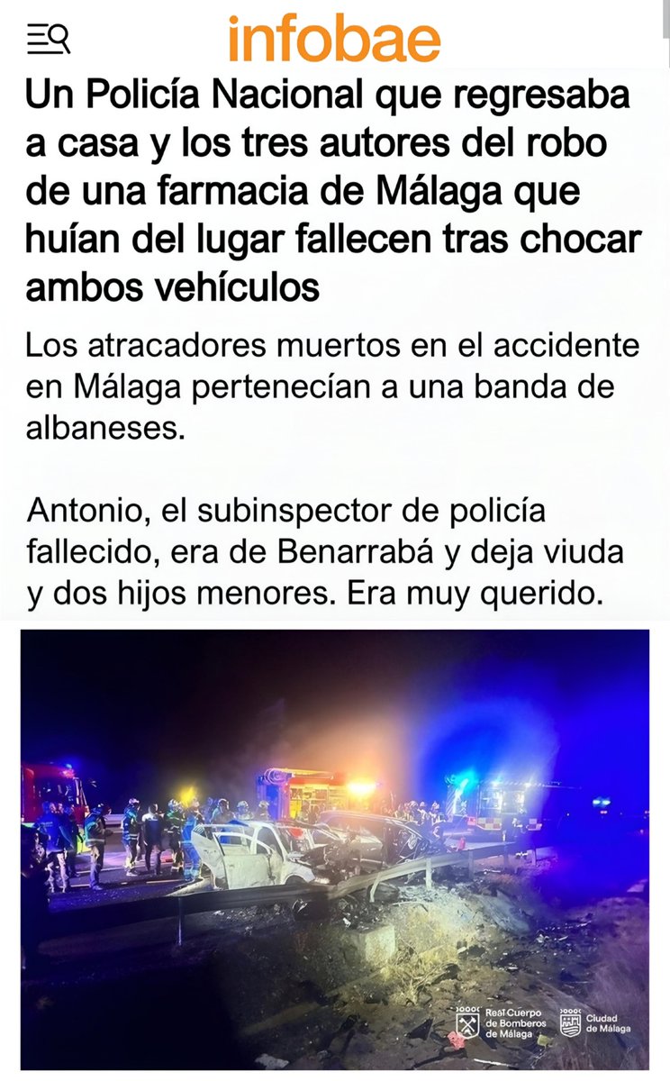 🚨Hoy ha muerto un policía en Málaga. No por accidente. No por mala suerte. Lo ha matado un sistema que permite a bandas criminales delinquir con total impunidad durante años.

1️⃣ Esta madrugada en la A-7, tres albaneses que habían reventado una farmacia embistieron en dirección
