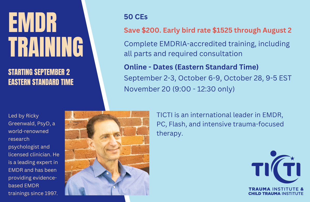 Online EMDR Training  
Starts September 2

$1525. 50 CEs.   

ticti.org/event/emdr-fal…